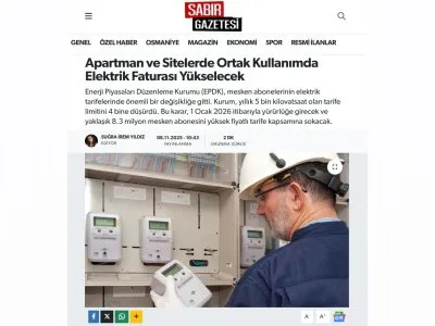 APARTMAN VE SİTELERDE ORTAK KULLANIMDA ELEKTRİK FATURASI YÜKSELECEK (SABIRGAZETESİ, 08.11.2025)