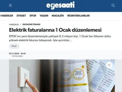 ELEKTRİK FATURALARINA 1 OCAK DÜZENLEMESİ (EGESAATİ.COM, 07.11.2025)