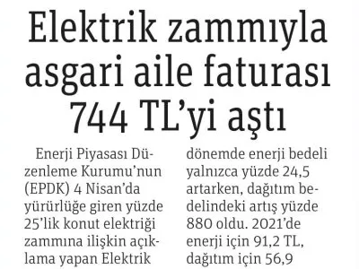 ELEKTRİK ZAMMIYLA ASGARİ AİLE FATURASI 744 TL`Yİ AŞTI (GAZETE PENCERE, 07.04.2026)