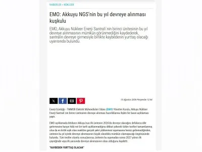 EMO: AKKUYU NGS’NİN BU YIL DEVREYE ALINMASI KUŞKULU (ENERJİGÜNLÜĞÜ.NET, 13.08.2026)
