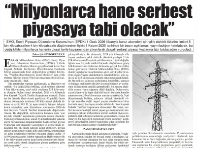 `MİLYONLARCA HANE SERBEST PİYASAYA TABİ OLACAK` (BAŞKENT GAZETESİ, 03.11.2025)