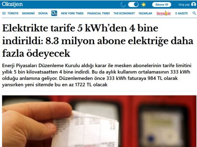 ELEKTRİKTE TARİFE 5 KWH’DEN 4 BİNE İNDİRİLDİ: 8.3 MİLYON ABONE ELEKTRİĞE DAHA FAZLA ÖDEYECEK (GAZETEOKSİJEN.COM, 07.11.2025)