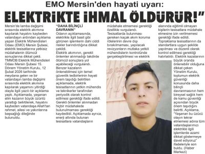 TARSUS DA ELEKTRİK ÇARPMASI SONUCU GERÇEKLEŞEN ÖLÜMLÜ KAZAYA İLİŞKİN BASIN AÇIKLAMASI