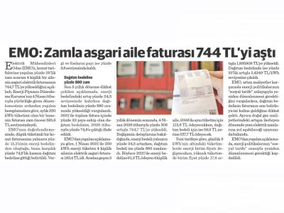 EMO: ZAMLA ASGARİ AİLE FATURASI 744 TL`Yİ AŞTI (DÜNYA, 07.04.2026)