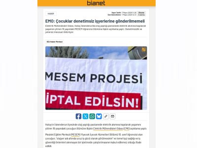 EMO: ÇOCUKLAR DENETİMSİZ İŞYERLERİNE GÖNDERİLMEMELİ (BİANET.ORG, 07.05.2026)