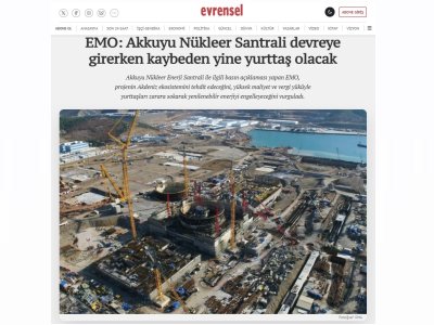 EMO: AKKUYU NÜKLEER SANTRALİ DEVREYE GİRERKEN KAYBEDEN YİNE YURTTAŞ OLACAK (EVRENSEL.NET, 13.08.2026)