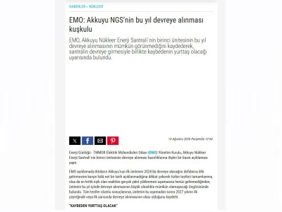 EMO: AKKUYU NGS’NİN BU YIL DEVREYE ALINMASI KUŞKULU (ENERJİGÜNLÜĞÜ.NET, 13.08.2026)