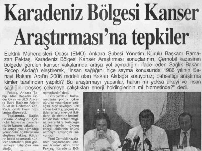 KARADENİZ BÖLGESİ KANSER ARAŞTIRMASI'NA TEPKİLER (AYRINTILI HABER GAZETESİ, 22.08.2006)