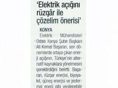 'ELEKTRİK AÇIĞINI RÜZGâR İLE ÇÖZELİM ÖNERİSİ'  (ANADOLU’DA VAKİT, 22.08.2006)