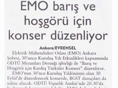 EMO BARIŞ VE HOŞGÖRÜ İÇİN KONSER DÜZENLİYOR  (EVRENSEL GAZETESİ, 20.09.2006)