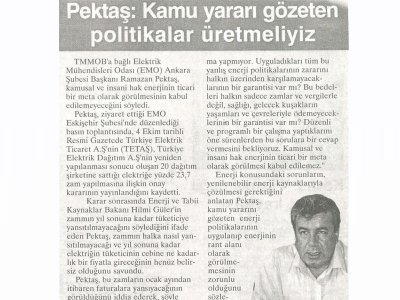 PEKTAŞ: KAMU YARARI GÖZETEN POLİTİKALAR ÜRETMELİYİZ (ESKİŞEHİR-BURÇ GAZETESİ, 09.10.2006)