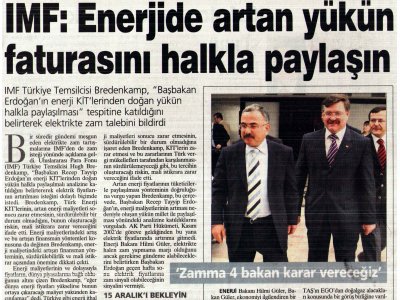 IMF: ENERJİDE ARTAN YÜKÜN FATURASINI HALKLA PAYLAŞIN (SABAH GAZETESİ, 17.11.2006)