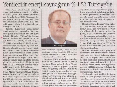 YENİLEBİLİR ENERJİ KAYNAĞININ % 1.5 İ TÜRKİYE'DE (REFERANS EK, 30.11.2006)