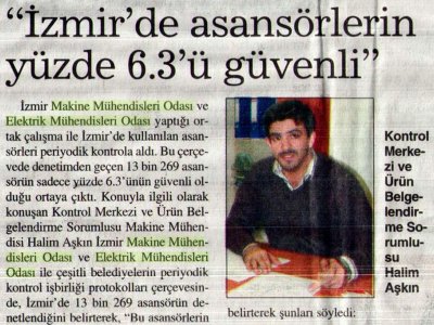 İZMİR'DE ASANSÖRLERİN YÜZDE 6.3'Ü GÜVENLİ (GÖZLEM KOBİ HABER, 15.01.2007)