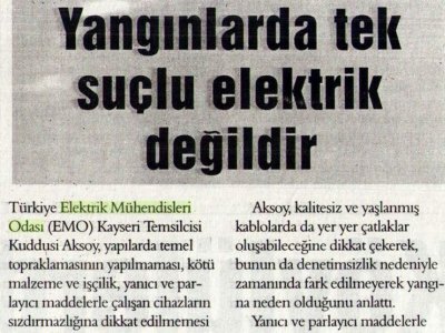 YANGINLARDA TEK SUÇLU ELEKTRİK DEĞİLDİR (KAYSERİ ANA HABER GAZETESİ, 14.02.2007)