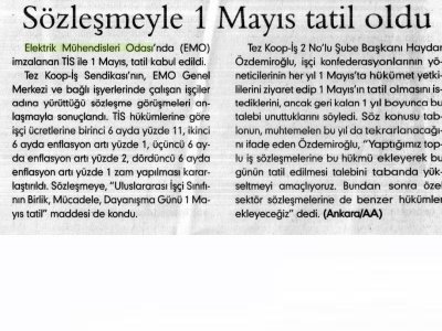 SÖZLEŞMEYLE 1 MAYIS TATİL OLDU (EVRENSEL GAZETESİ, 06.03.2007)