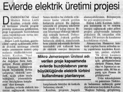 EVLERDE ELEKTRİK ÜRETİMİ PROJESİ (BİZİM GAZETE, 21.05.2007)