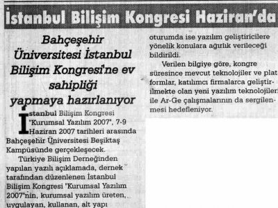 İSTANBUL BİLİŞİM KONGRESİ HAZİRAN’DA (YENİ İSTANBUL GAZETESİ, 29.05.2007)