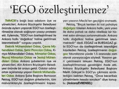 EGO ÖZELLEŞTİRİLEMEZ (EVRENSEL GAZETESİ, 09.06.2007)