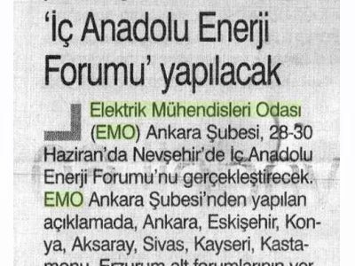 İÇ ANADOLU ENERJİ FORUMU YAPILACAK  (GÜNBOYU GAZETESİ, 28.06.2007)