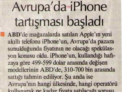 AVRUPA'DA İPHONE TARTIŞMASI BAŞLADI (HÜRRİYET GAZETESİ, 09.07.2007)
