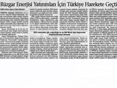 RÜZGAR ENERJİSİ YATIRIMLARI İÇİN TÜRKİYE HAREKETE GEÇTİ (DÜNYA GÜNDEMİ, 02.09.2007)