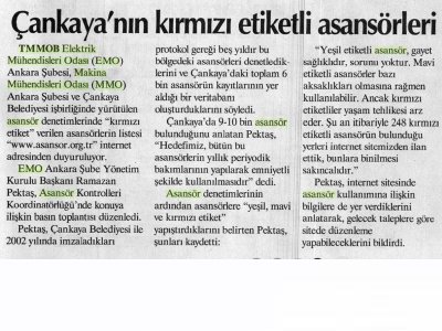 ÇANKAYA'NIN KIRMIZI ETİKETLİ ASANSÖRLERİ (HÜRRİYET ANKARA, 10.09.2007)