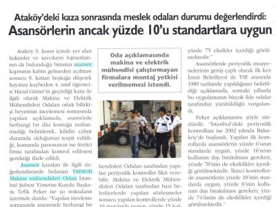 ASANSÖRLERİN ANCAK YÜZDE 10'U STANDARTLARA UYGUN (KAYNAK ELEKTRİK DERGİSİ, EYLÜL 2007)