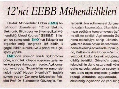 12’NCİ EEBB MÜHENDİSLİKLERİ ULUSAL KONGRESİ BİTTİ (EVRENSEL GAZETESİ, 21.11.2007)
