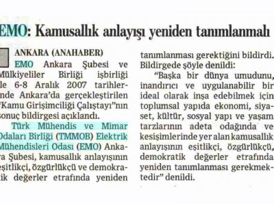 EMO: KAMUSALLIK ANLAYIŞI YENİDEN TANIMLANMALI (KÜRESEL ANA HABER, 12.12.2007)