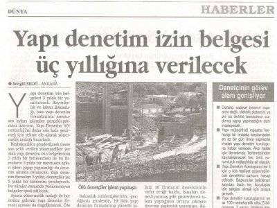 YAPI DENETİM İZİN BELGESİ ÜÇ YILLIĞINA VERİLECEK  (DÜNYA GAZETESİ, 11.12.2007)