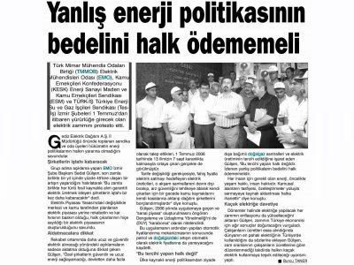 YANLIŞ ENERJİ POLİTİKASININ BEDELİNİ HALK ÖDEMEMELİ-02.07.2008 EGE TELGRAF