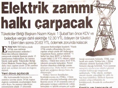 ELEKTRİK ZAMMI HALKI ÇARPACAK (TERCÜMAN GAZETESİ, 06.09.2008)