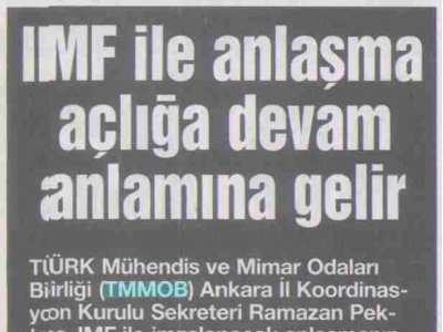 IMF İLE ANLAŞMA AÇLIĞA DEVAM ANLAMINA GELİR (YENİ GAZETEM EGE, 4.1.2009)