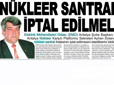 NÜKLEER SANTRAL İPTAL EDİLMELİ (BAKIŞ ANTALYA-20.01.2009)