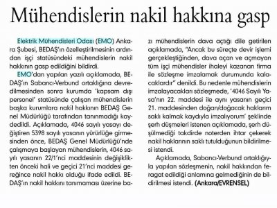 MÜHENDİSLERİN NAKİL HAKKINA GASP (EVRENSEL, 3.2.2009)