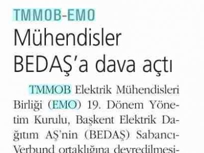 MÜHENDİSLER BEDAŞ'A DAVA AÇTI (REFERANS, 3.2.2009)