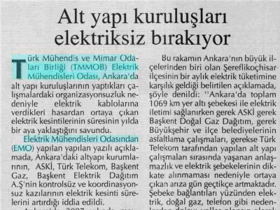 ALT YAPI KURULUŞLARI ELEKTRİKSİZ BIRAKIYOR (GÜNLÜK HABER GAZETESİ, 20.3.2009)