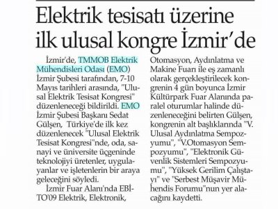 ELEKTRİK TESİSATI ÜZERİNE İLK ULUSAL KONGRE İZMİR'DE-21.03.2009 YENİGÜN