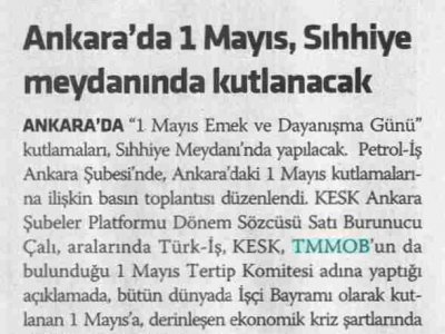 ANKARA'DA 1 MAYIS, SIHHİYE MEYDANINDA KUTLANACAK (YENİ ASYA, 20.4.2009)