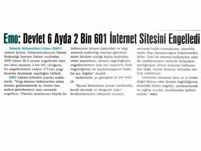 EMO: DEVLET 6 AYDA 2 BİN 601 İNTERNET SİTESİNİ ENGELLEDİ (İLKE GAZETESİ, 30.6.2009)