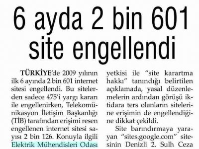6 AYDA 2 BİN 601 SİTE ENGELLENDİ (EVRENSEL, 30.6.2009)