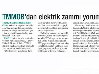 TMMOB'DEN ELEKTRİK ZAMMI YORUMU (HABERVAKTİM, 04.09.2009)