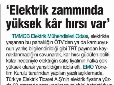 'ELEKTRİK ZAMMINDA YÜKSEK KÂR HIRSI VAR' (GÜNBOYU, 06.09.2009)