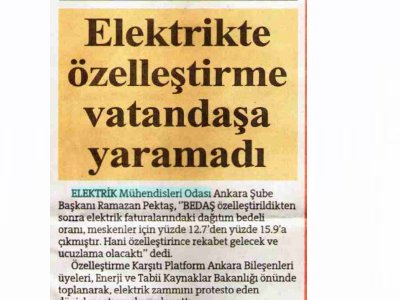 ELEKTRİKTE ÖZELLEŞTİRME VATANDAŞA YARAMADI (HÜRRİYET ANKARA, 03.10.2009)