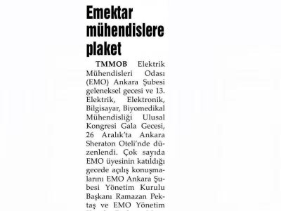 EMEKTAR MÜHENDİSLERE PLAKET (EVRENSEL, 29.12.2009)