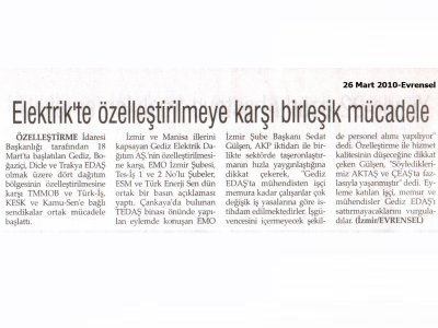 ELEKTRİK'TE ÖZELLEŞTİRMEYE KARŞI BİRLEŞİK MÜCADELE-EVRENSEL 26.03.2010