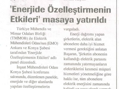 ENERJİDE ÖZELLEŞTİRMENİN ETKİLERİ MASAYA YATIRILDI (YENİ KONYA GAZETESİ, 27.06.2010)