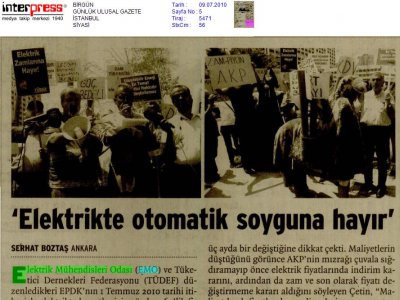 ELEKTRİKTE OTOMATİK SOYGUNA HAYIR (BİRGÜN GAZETESİ, 09.07.2010)