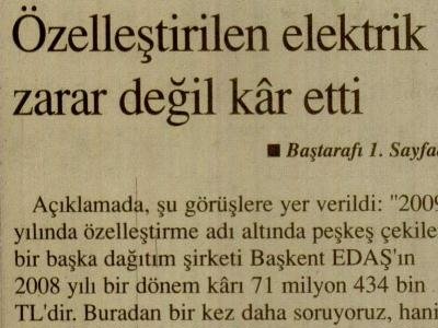 ÖZELLEŞTİRİLEN ELEKTRİK ZARAR DEĞİL KÂR, ETTİ  (BİZİM GAZETE, 13.09.2010)